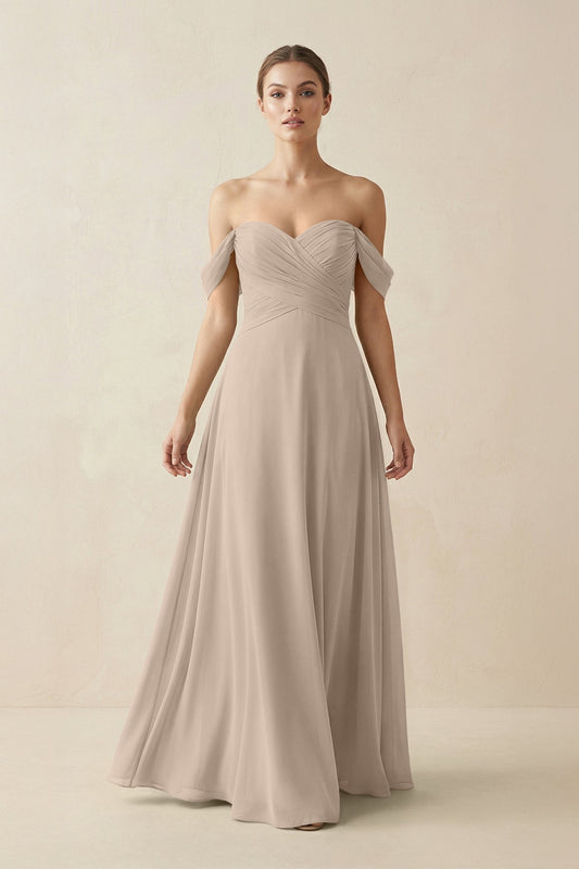 A-Line Off-the-Shoulder Chiffon Bridesmaid Dress in Almond