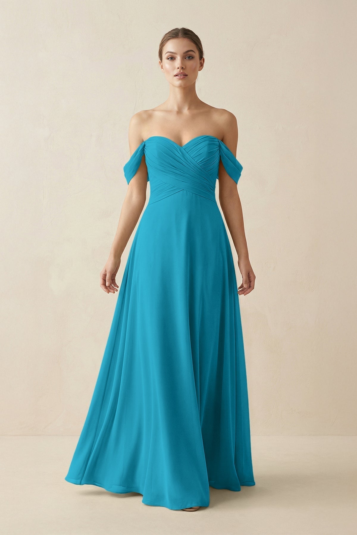 A-Line Off-the-Shoulder Chiffon Bridesmaid Dress in Blue Jay