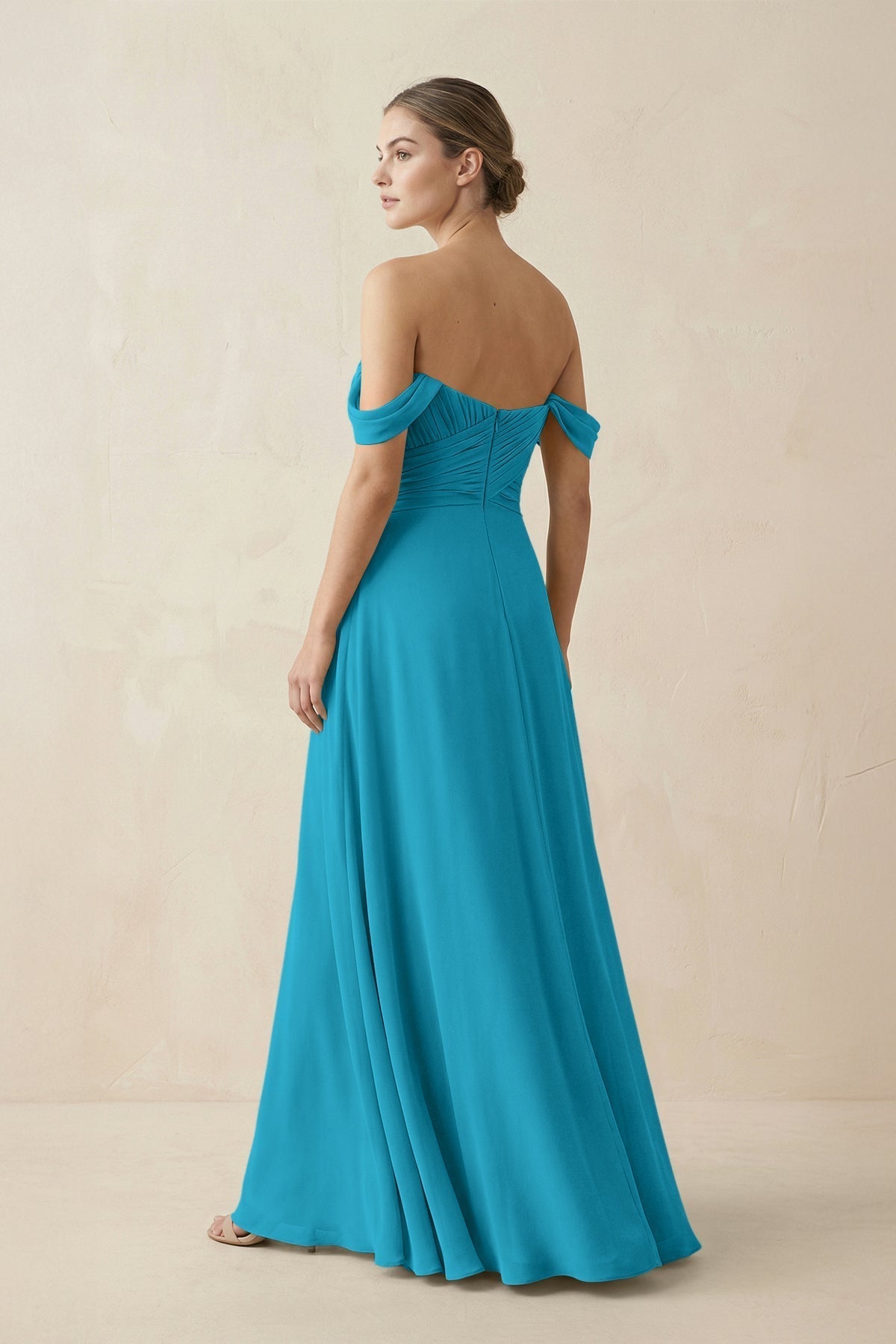 A-Line Off-the-Shoulder Chiffon Bridesmaid Dress in Blue Jay