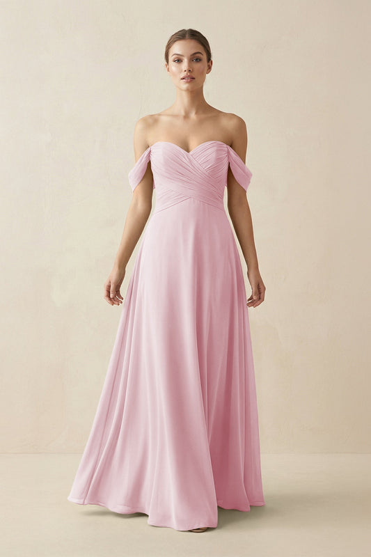 A-Line Off-the-Shoulder Chiffon Bridesmaid Dress in Candy Pink