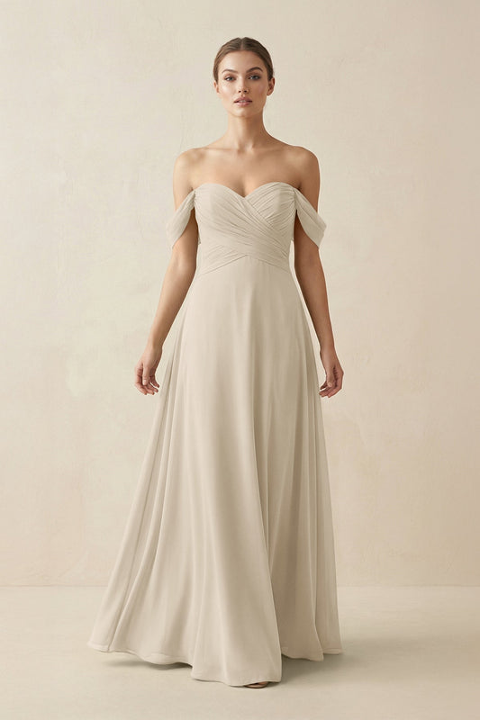 A-Line Off-the-Shoulder Chiffon Bridesmaid Dress in Champagne