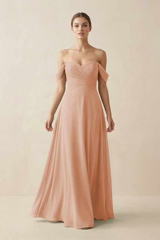 A-Line Off-the-Shoulder Chiffon Bridesmaid Dress in Champagne Rose