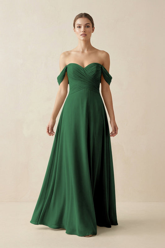 A-Line Off-the-Shoulder Chiffon Bridesmaid Dress in Dark Green