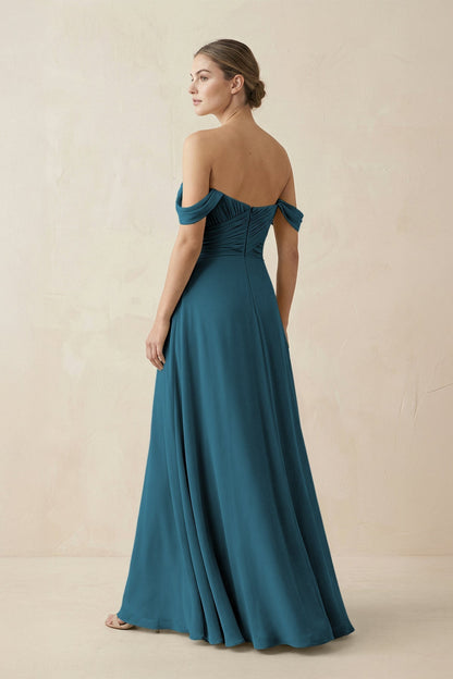 A-Line Off-the-Shoulder Chiffon Bridesmaid Dress in Dark Teal