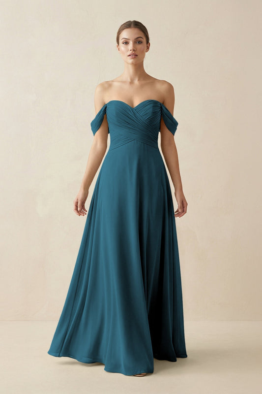 A-Line Off-the-Shoulder Chiffon Bridesmaid Dress in Dark Teal