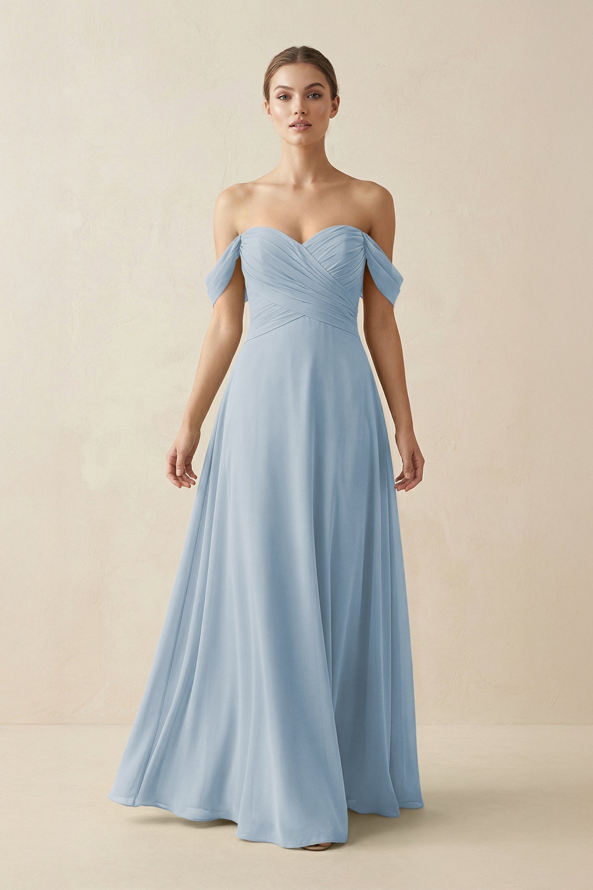 A-Line Off-the-Shoulder Chiffon Bridesmaid Dress in Dusty Blue
