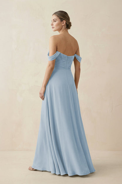 A-Line Off-the-Shoulder Chiffon Bridesmaid Dress in Dusty Blue