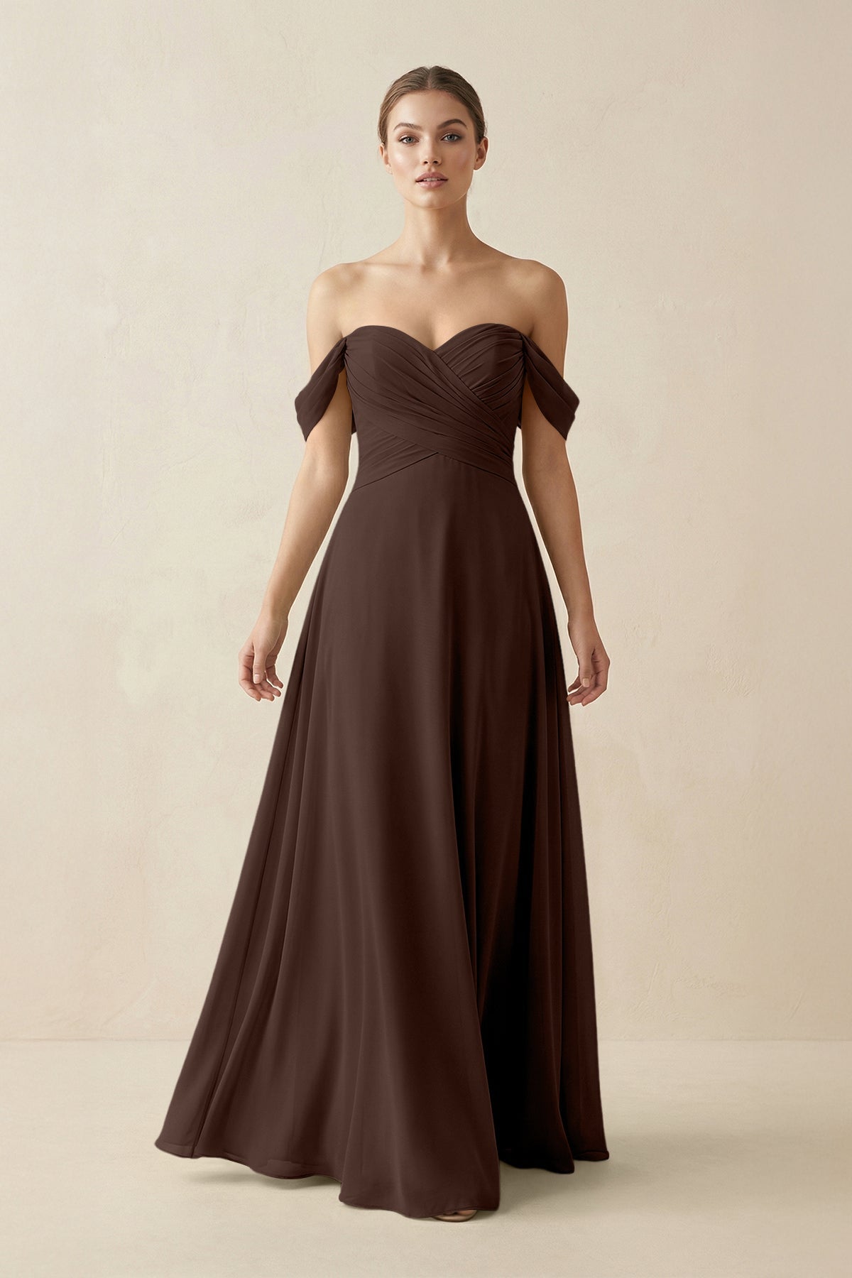 A-Line Off-the-Shoulder Chiffon Bridesmaid Dress in Espresso