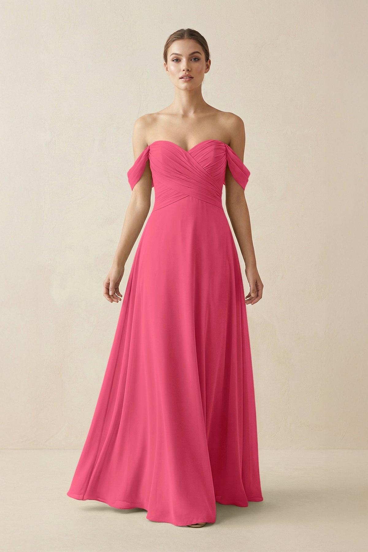 A-Line Off-the-Shoulder Chiffon Bridesmaid Dress in Fuchsia