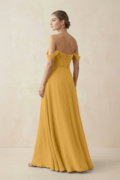 A-Line Off-the-Shoulder Chiffon Bridesmaid Dress in Marigold