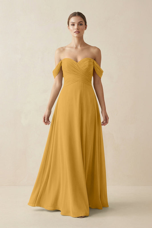 A-Line Off-the-Shoulder Chiffon Bridesmaid Dress in Marigold