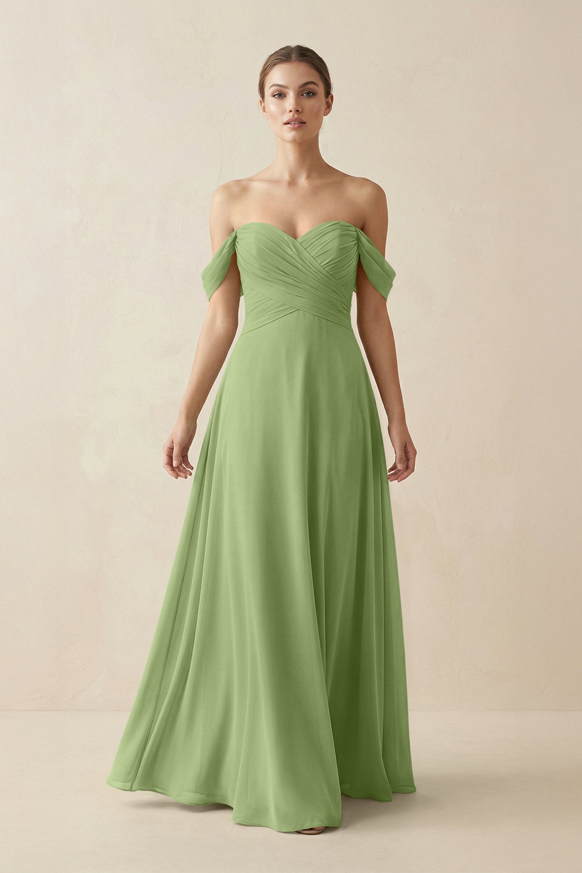 A-Line Off-the-Shoulder Chiffon Bridesmaid Dress in Matcha