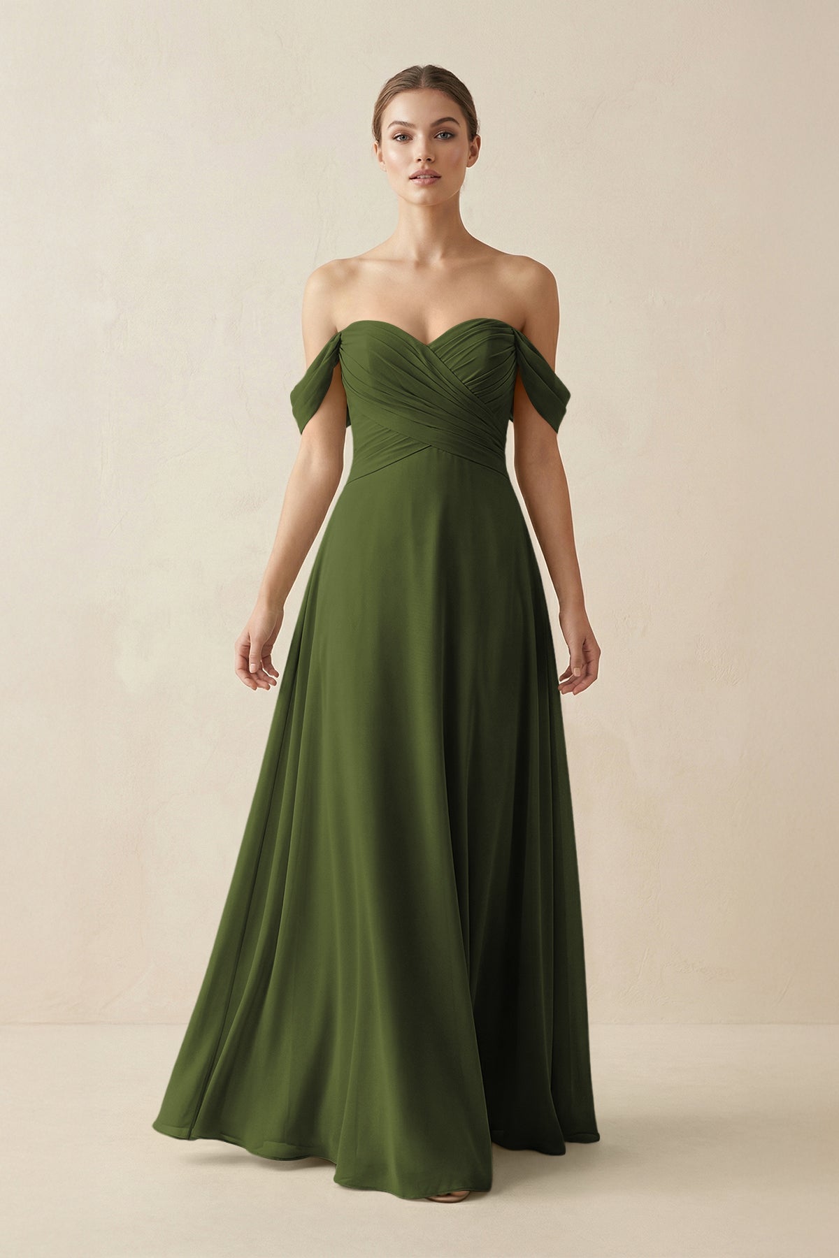 A-Line Off-the-Shoulder Chiffon Bridesmaid Dress in Olive