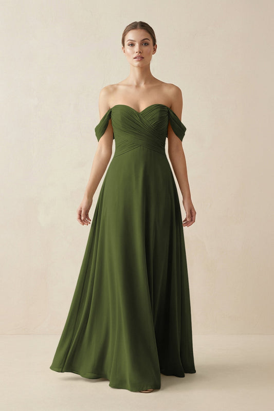 A-Line Off-the-Shoulder Chiffon Bridesmaid Dress in Olive
