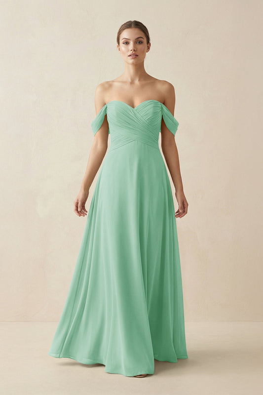 A-Line Off-the-Shoulder Chiffon Bridesmaid Dress in Pale Pistachio