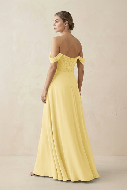 A-Line Off-the-Shoulder Chiffon Bridesmaid Dress in Pastel Yellow