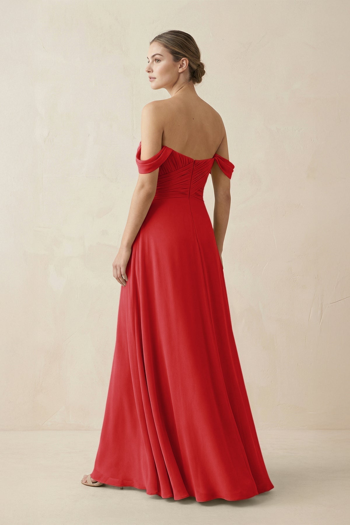 A-Line Off-the-Shoulder Chiffon Bridesmaid Dress in Ruby Red