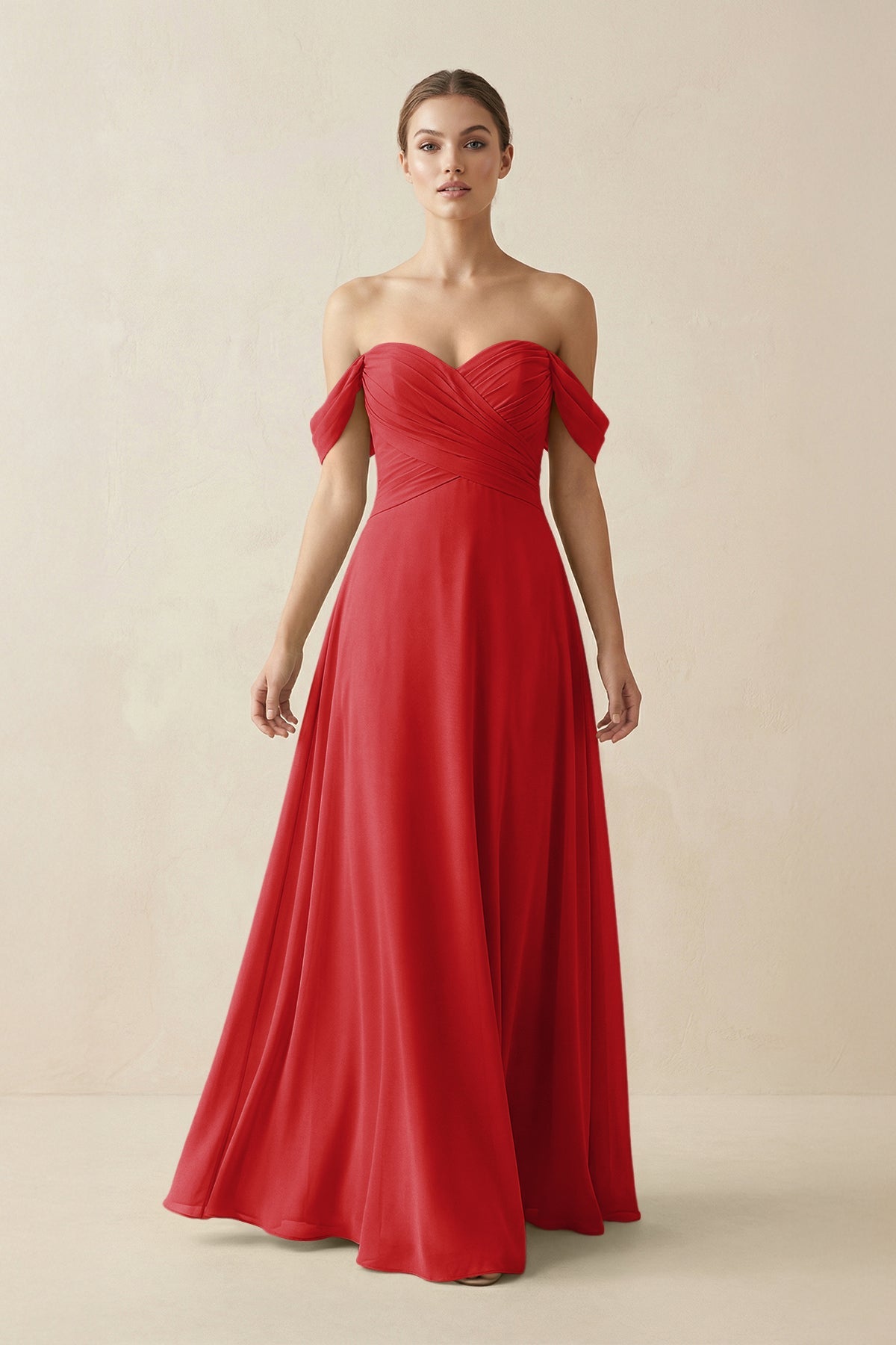 A-Line Off-the-Shoulder Chiffon Bridesmaid Dress in Ruby Red