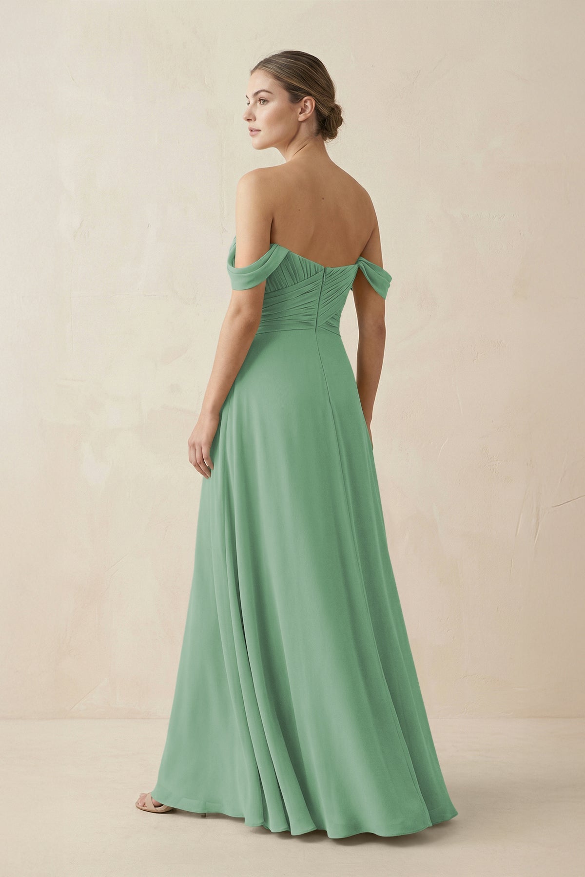 A-Line Off-the-Shoulder Chiffon Bridesmaid Dress in Sea Glass