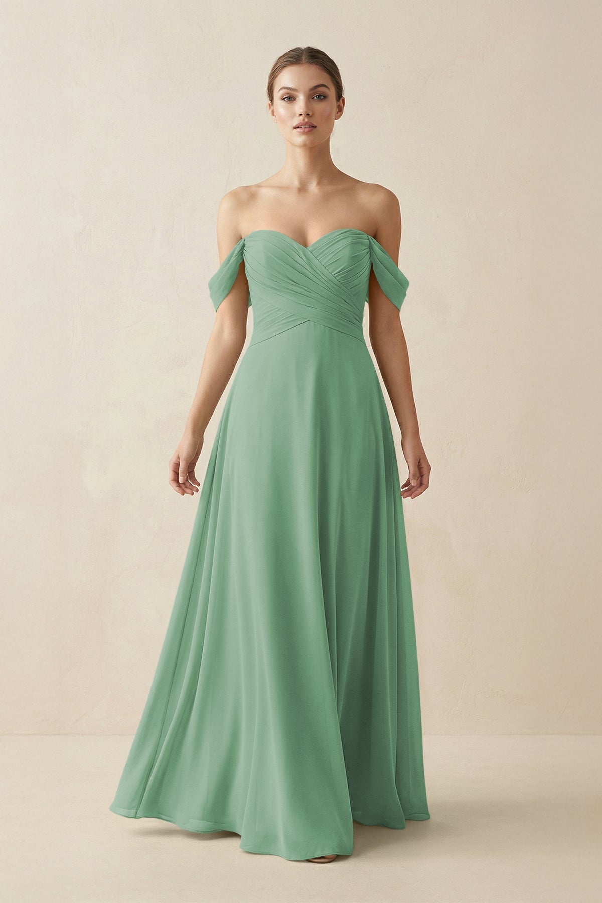 A-Line Off-the-Shoulder Chiffon Bridesmaid Dress in Sea Glass