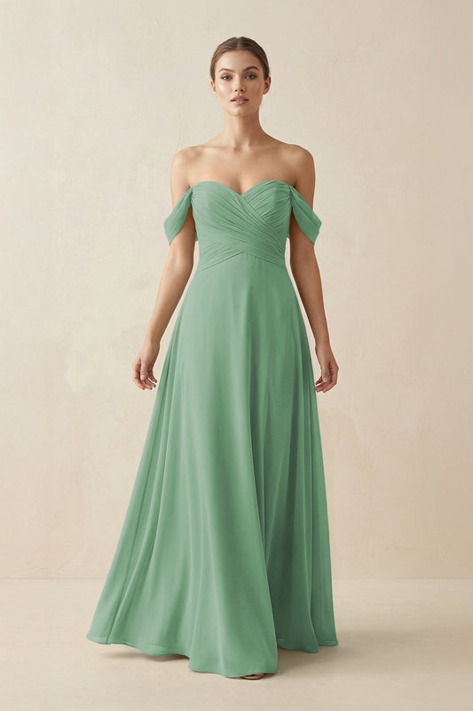 A-Line Off-the-Shoulder Chiffon Bridesmaid Dress in Sea Glass