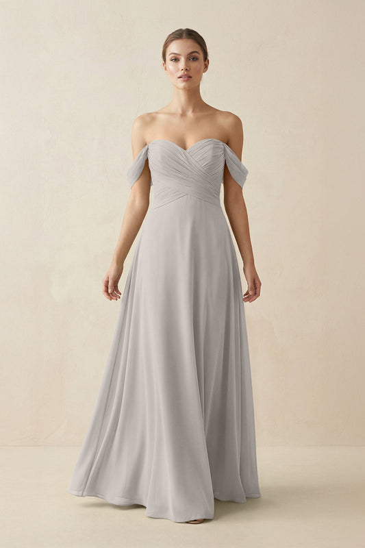 A-Line Off-the-Shoulder Chiffon Bridesmaid Dress in Silver