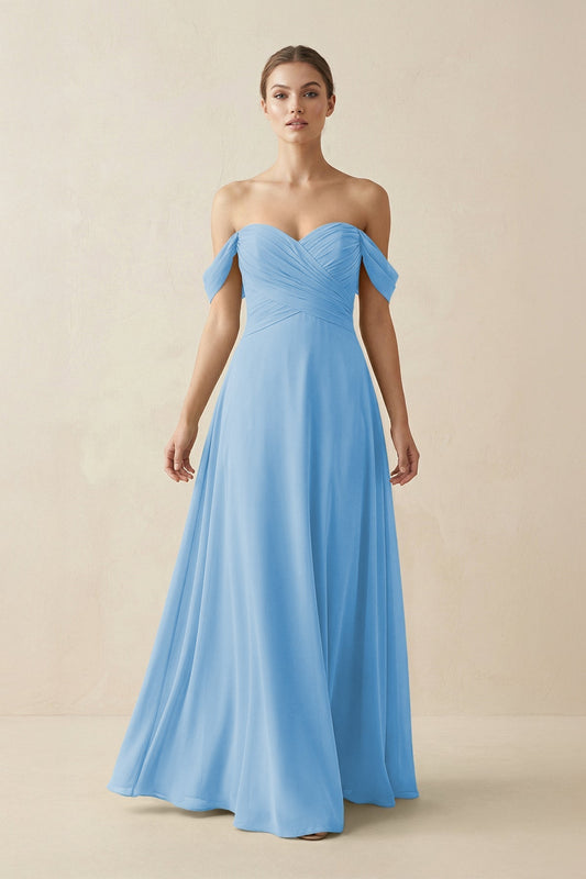 A-Line Off-the-Shoulder Chiffon Bridesmaid Dress in Steel Blue