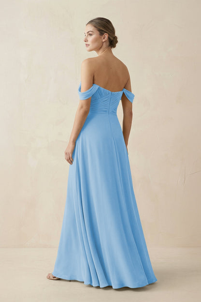 A-Line Off-the-Shoulder Chiffon Bridesmaid Dress in Steel Blue