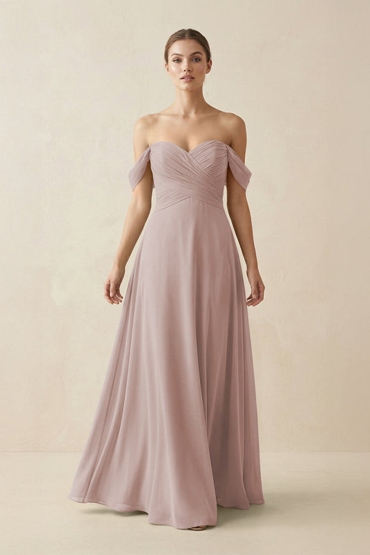 A-Line Off-the-Shoulder Chiffon Bridesmaid Dress in Toffee