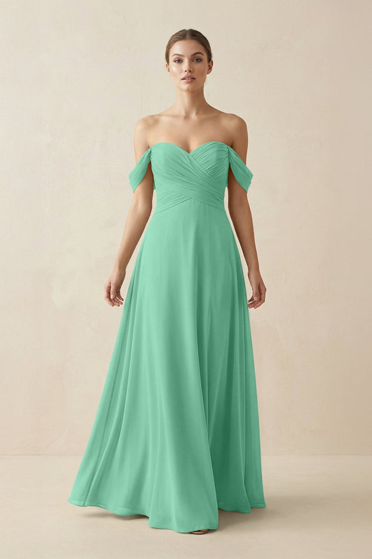 A-Line Off-the-Shoulder Chiffon Bridesmaid Dress in Turquoise