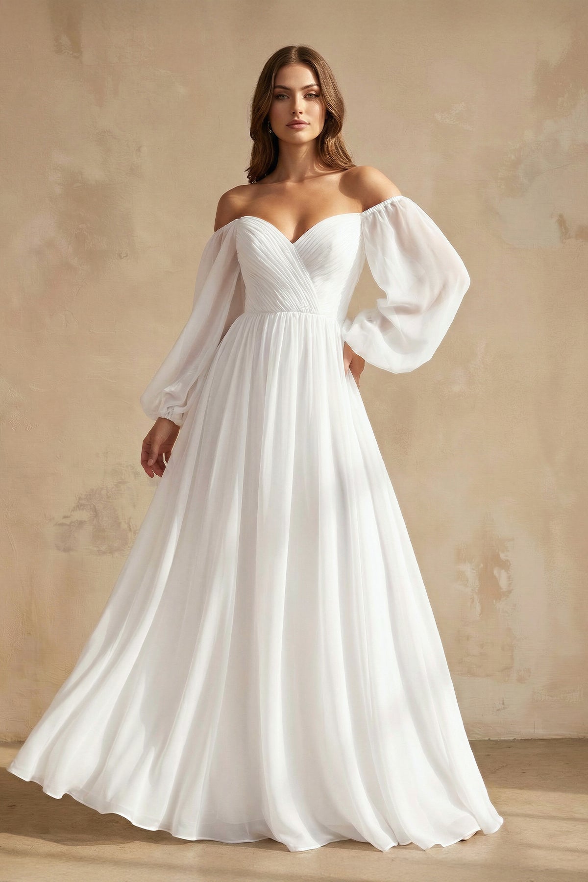 A-Line Off-the-Shoulder Long Sleeves Chiffon Floor-Length Wedding Dress