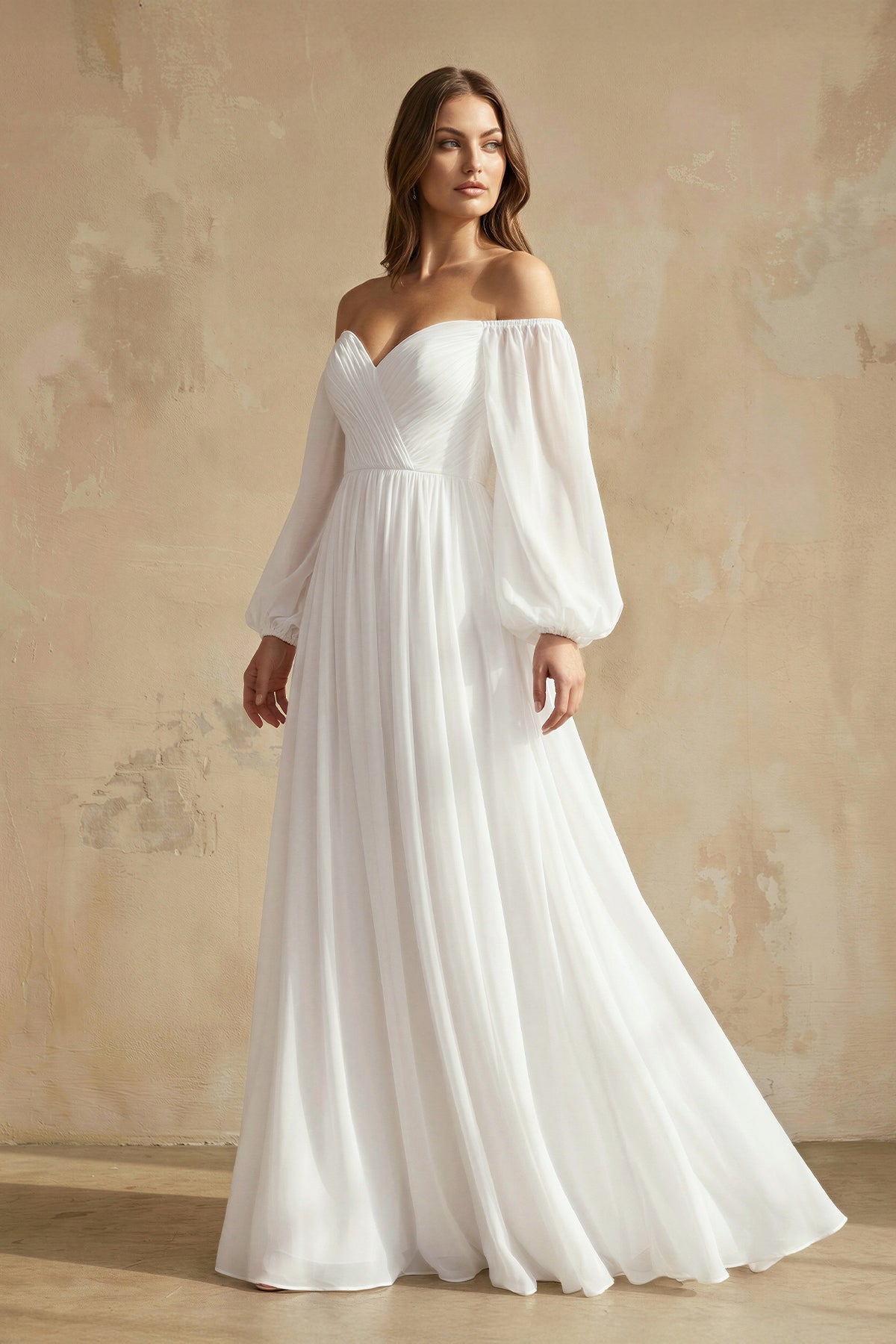 A-Line Off-the-Shoulder Long Sleeves Chiffon Floor-Length Wedding Dress