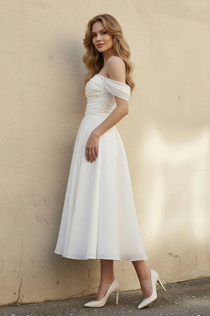 A-Line Off-The-Shoulder Sleeveless Tea-Length Organza Wedding Dresses