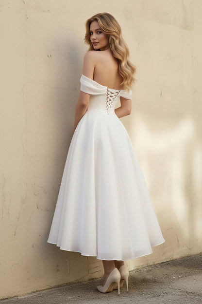 A-Line Off-The-Shoulder Sleeveless Tea-Length Organza Wedding Dresses