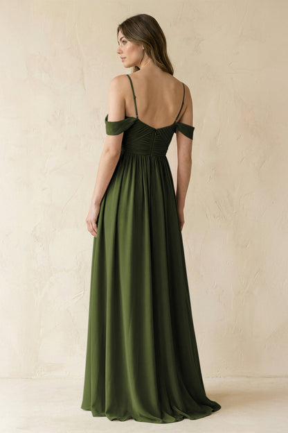 A-Line Off-the-Shoulder Pleated Chiffon Bridesmaid Dress in Olive