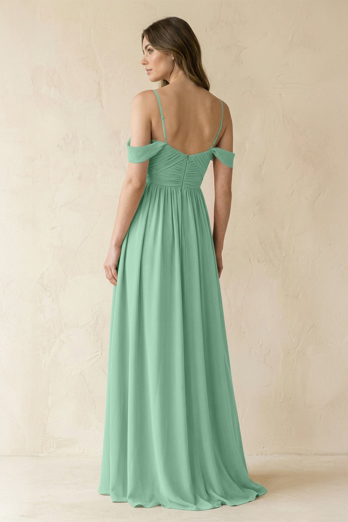 A-Line Off-the-Shoulder Pleated Chiffon Bridesmaid Dress in Pale Pistachio
