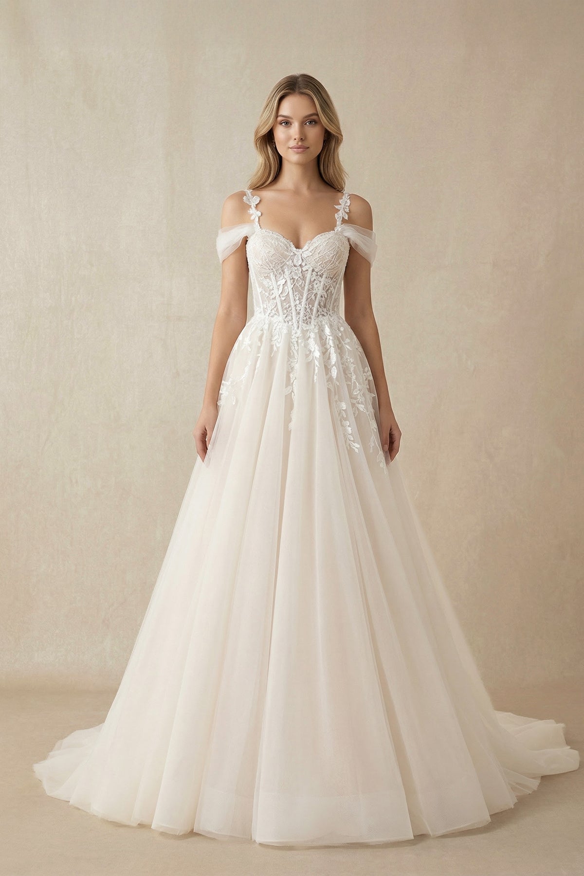 A-Line Off-The-Shoulder Tulle Wedding Dresses With Appliques Lace