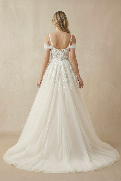 A-Line Off-The-Shoulder Tulle Wedding Dresses With Appliques Lace