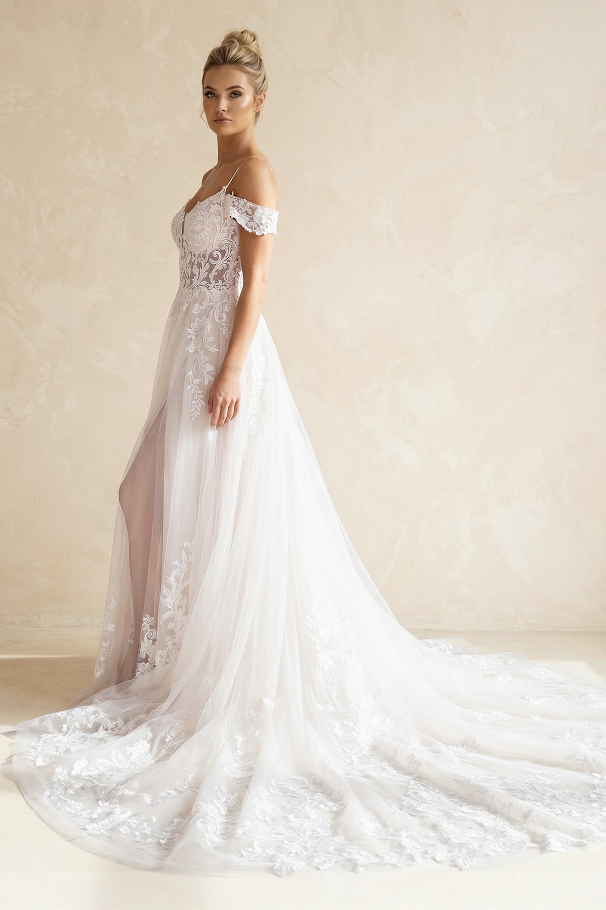 A-Line Off The Shoulder Wedding Dress With Appliques And Slit