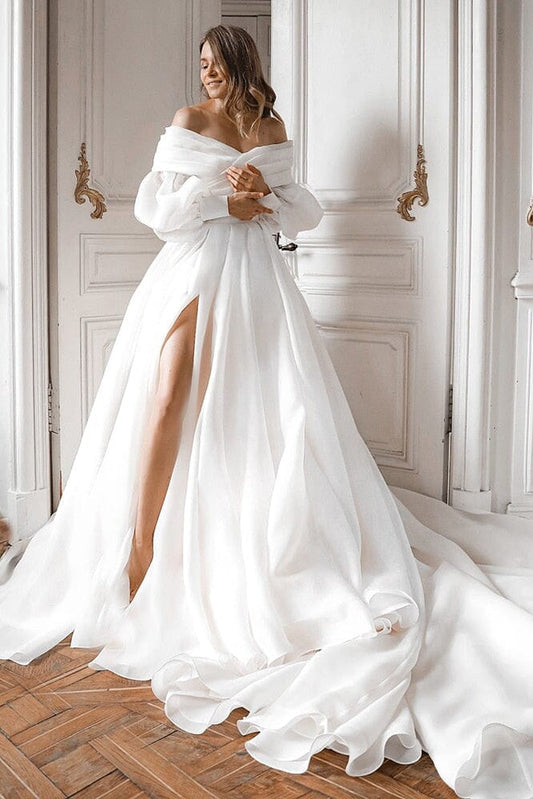 A-Line Off the Shoulder White Wedding Dress with Slit