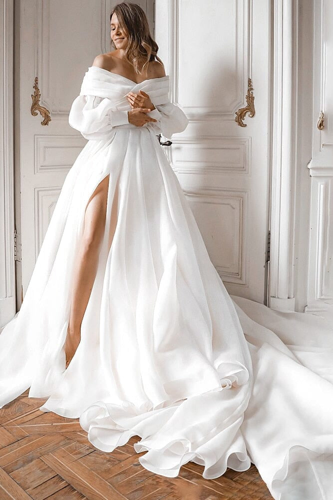 A-Line Off the Shoulder White Wedding Dress with Slit