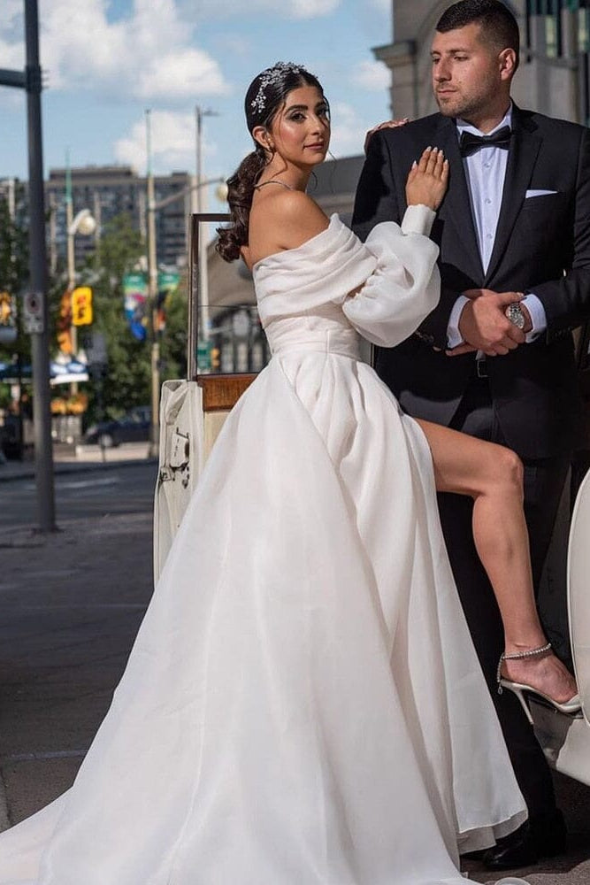 A-Line Off the Shoulder White Wedding Dress with Slit
