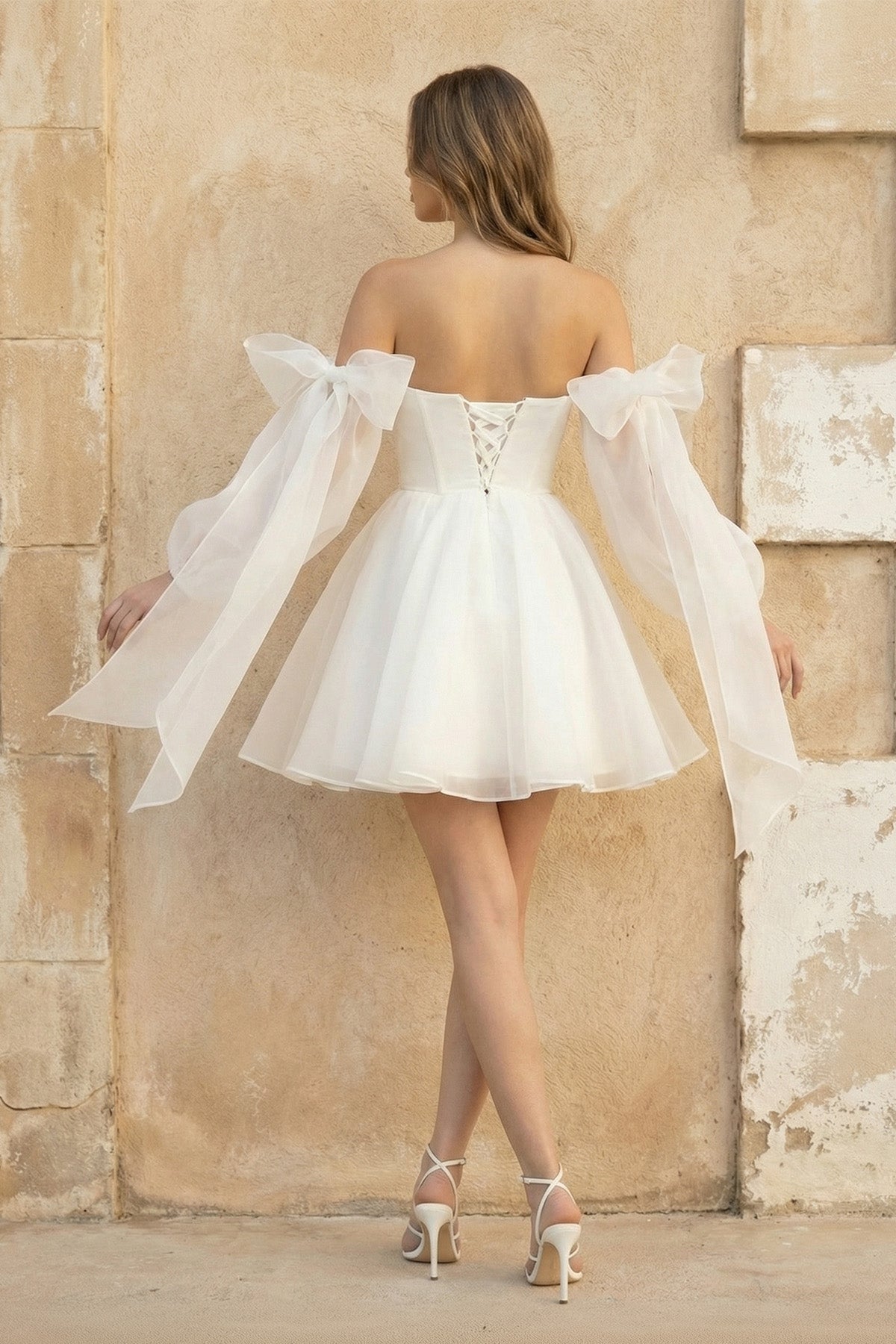 A-Line Puff Long Sleeves Short Wedding Dresses With Bows