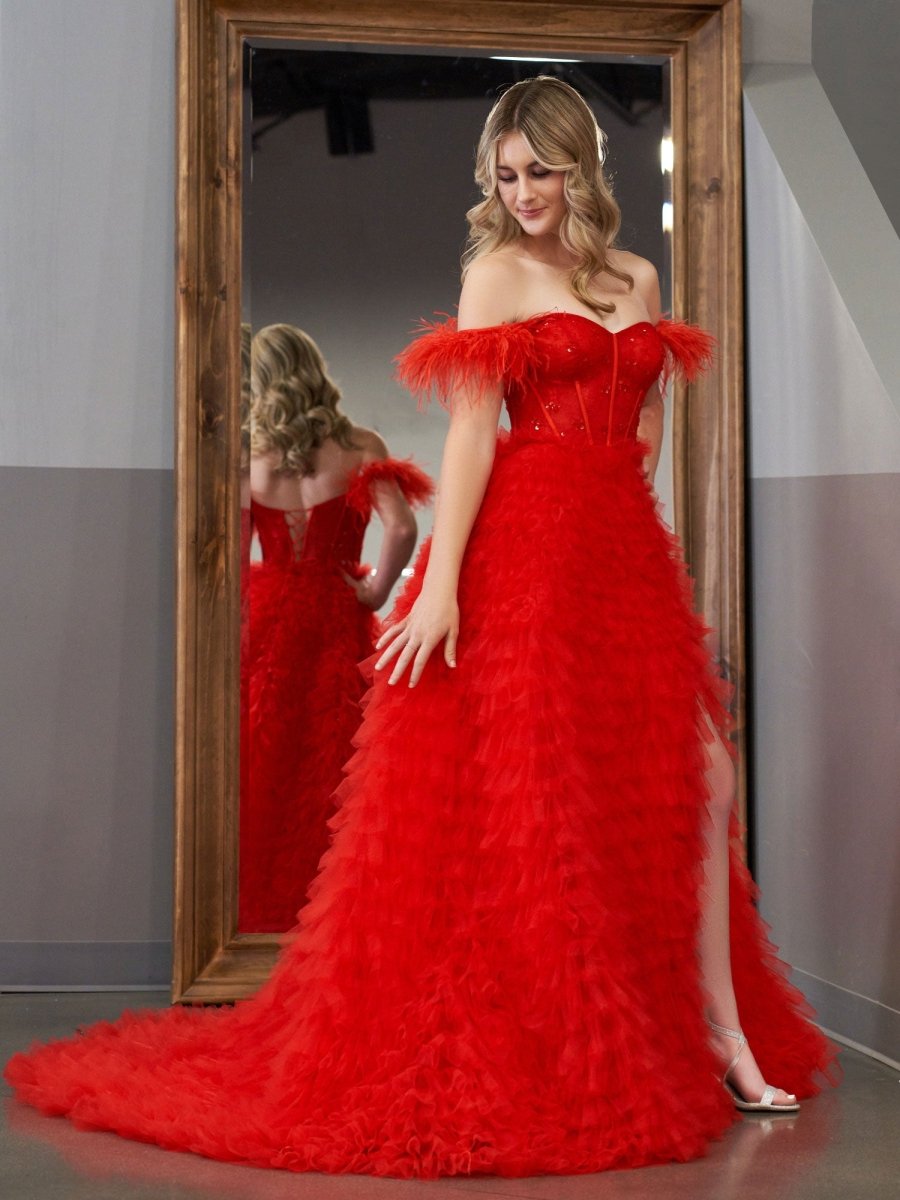 A Line Sweetheart Tiered Tulle Long Prom Dress With Slit