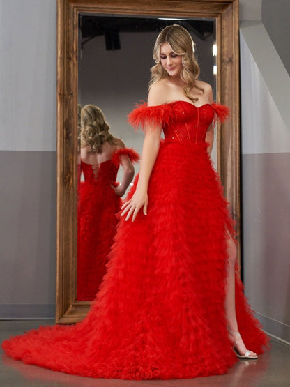 A Line Sweetheart Tiered Tulle Long Prom Dress With Slit