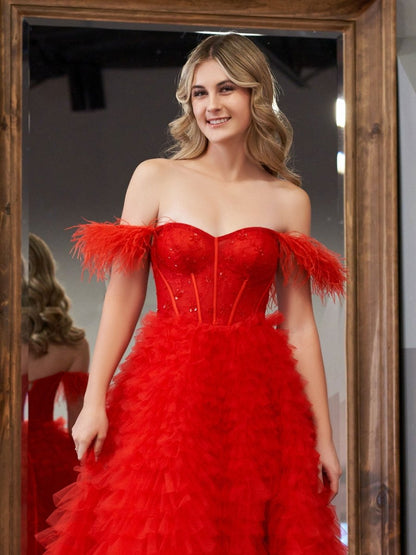 A Line Sweetheart Tiered Tulle Long Prom Dress With Slit