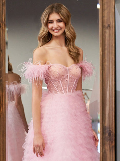 A Line Sweetheart Tiered Tulle Long Prom Dress With Slit