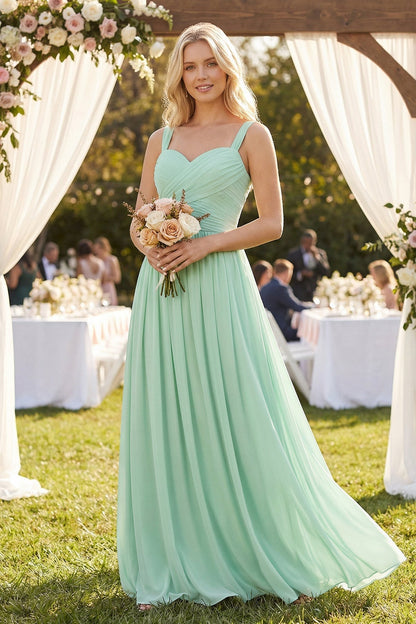 A-Line Pleated Long Chiffon Bridesmaid Dress in Pale Pistachio