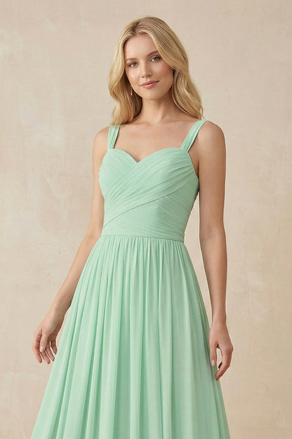 A-Line Pleated Long Chiffon Bridesmaid Dress in Pale Pistachio