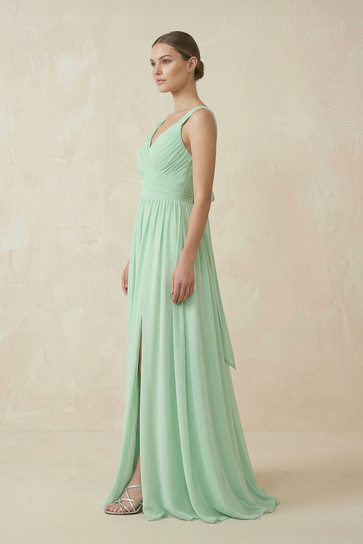 A-Line Pleated Chiffon Long Bridesmaid Dress in Pale Pistachio